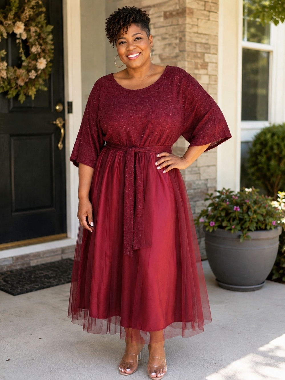 BloomChic Burgundy Textured Tulle Midi Dress w/ Belt Plus Size 26 NWT